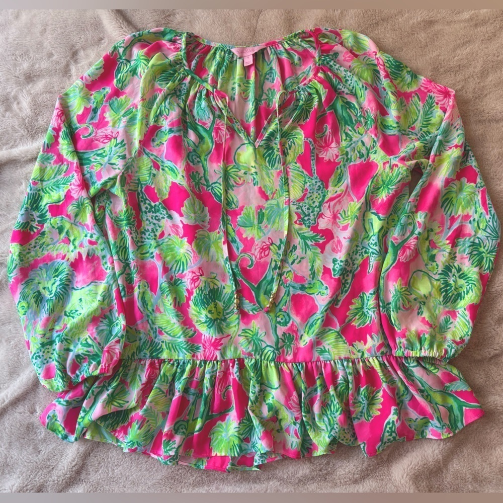 Lilly Pulitzer HTF Safari Peplum Blouse Pink Green Size S